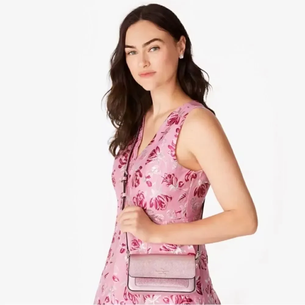 Kate Spade Glimmer Glitter Crossbody Duo Card Holder Bag Purse Mitten Pink